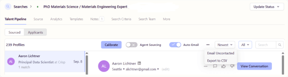 Fetcher Talent Pipeline view for a search showing 239 profiles, with the three-dot menu open on the options Email Uncontacted and Export to CSV, next to the Agent Sourcing and Auto-Email toggles